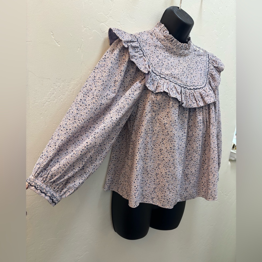 Doen Raina Ruffle Floral Yoke Blouse - Cream/Blue - Picture 3 of 12